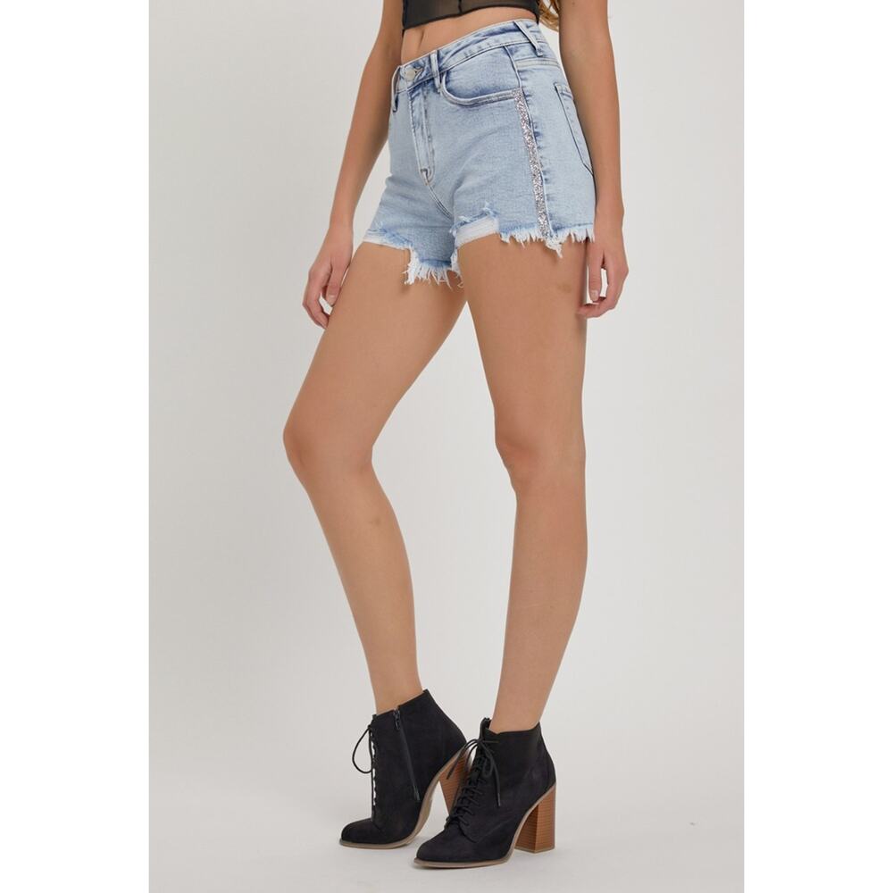 RISEN High Rise Rhinestone Strap Embellished Denim Shorts - RDS6081 - Size Large - Picture 4 of 7
